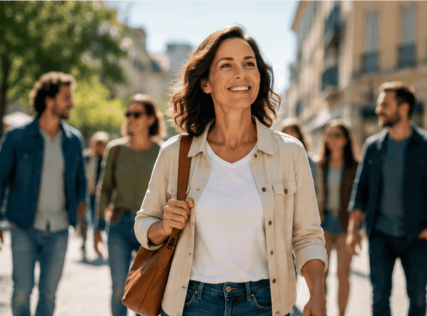 Femme souriante marchant avec aisance au milieu d'un groupe de personnes