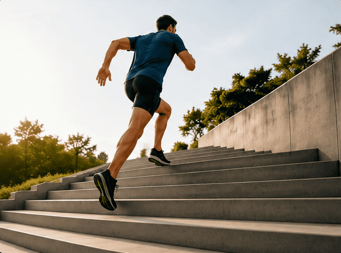 Homme courant dans les escaliers illustrant une meilleure condition physique