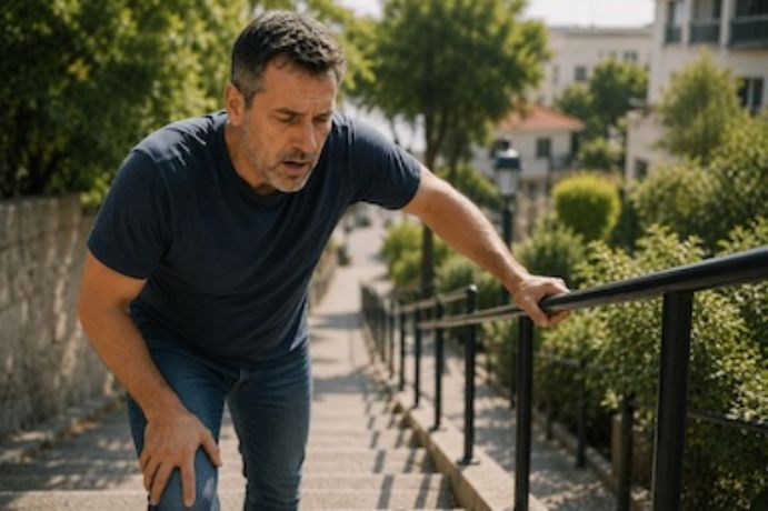 Homme essoufflé après avoir monté des escaliers