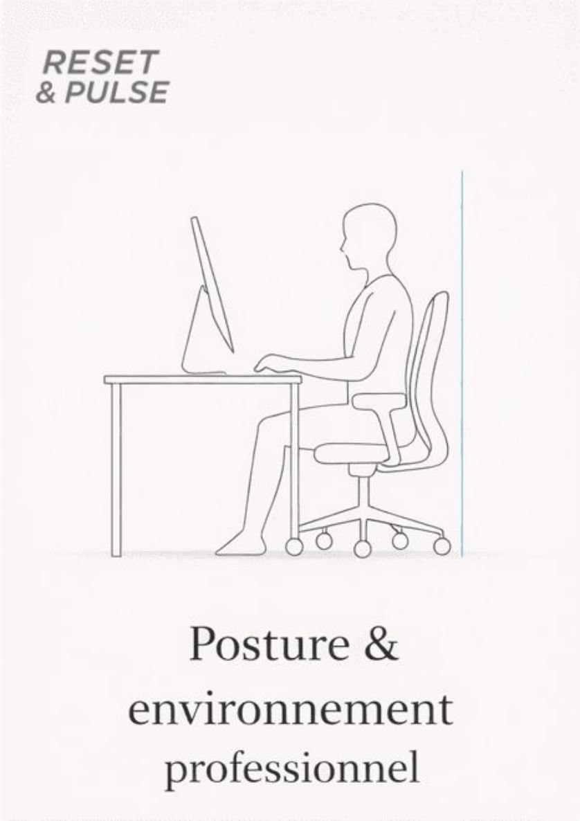 Illustration minimaliste SPINE Reset montrant la posture assise en environnement professionnel