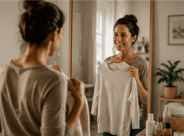 Femme souriante essayant un vêtement devant un miroir