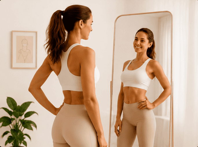 Femme appréciant une silhouette plus harmonieuse devant un miroir