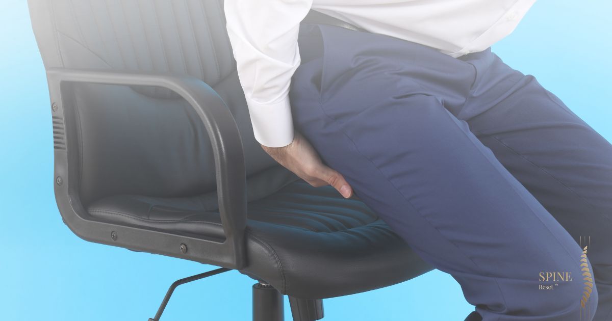 Cadre en costume souffrant d'une sciatique au bureau dans un contexte de stress professionnel